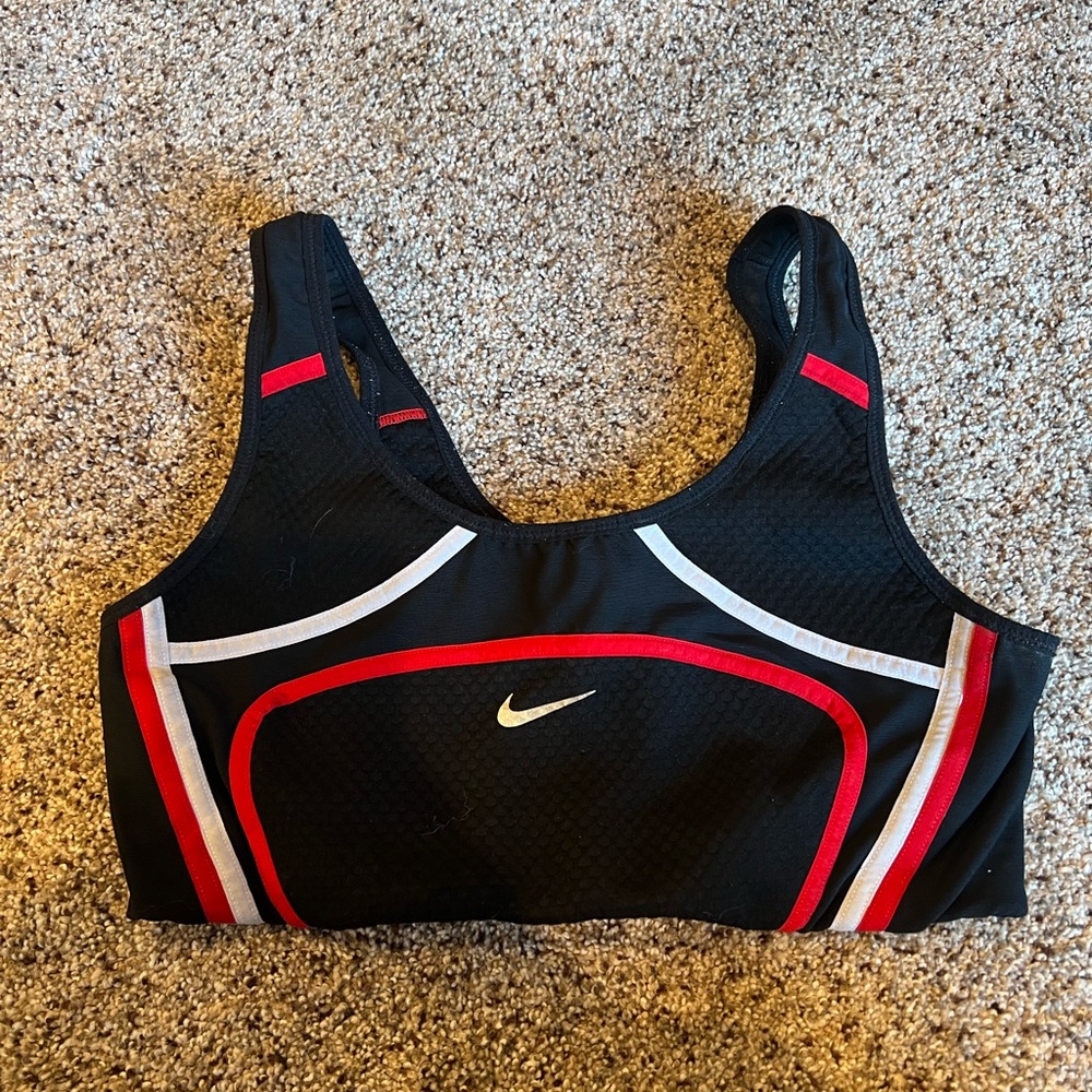 Nike Women's Black and Red Sports Bra with White Accents